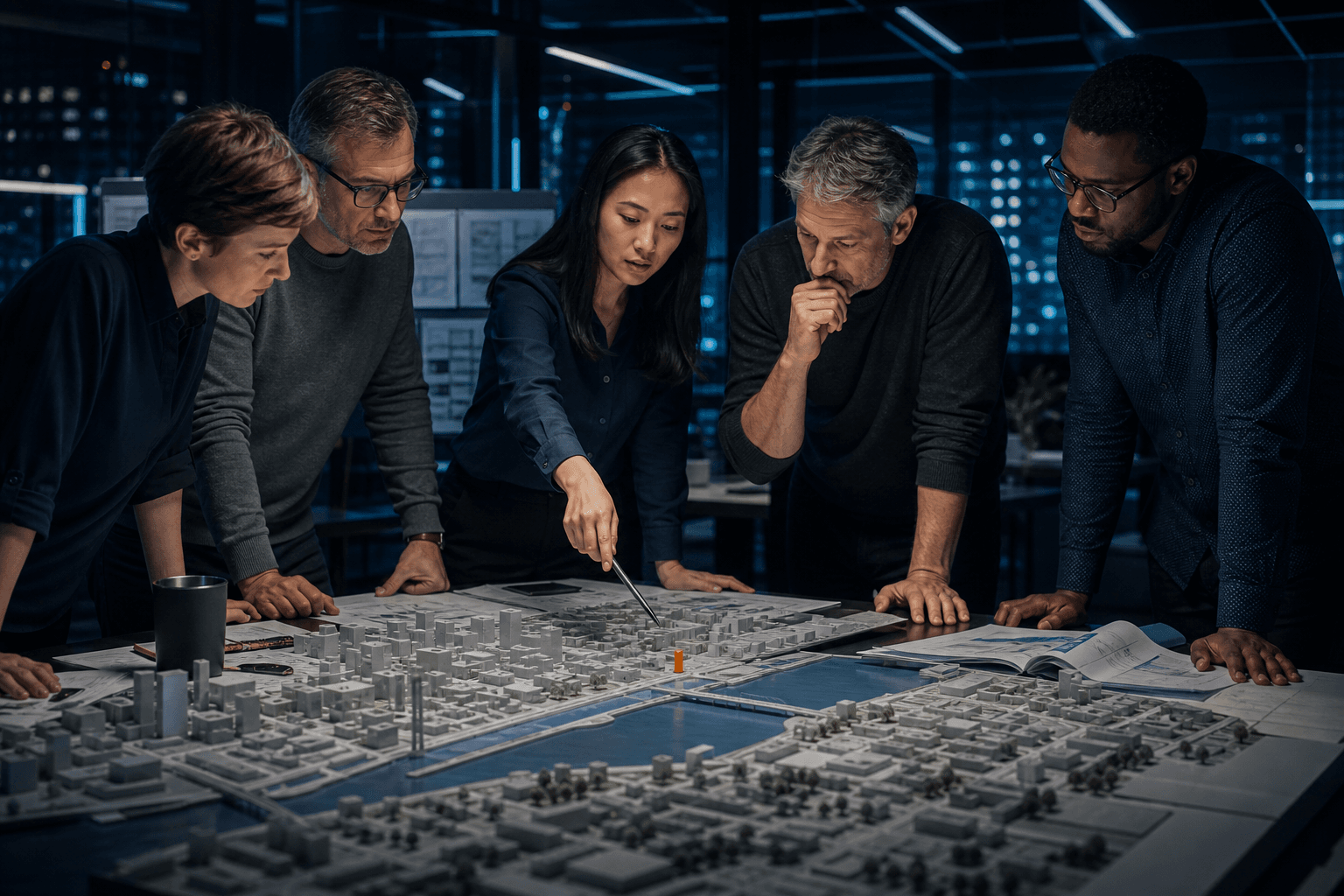 Equipe multidisciplinar interpreta em conjunto uma maquete urbana, com um ponto laranja marcando a decisão compartilhada.