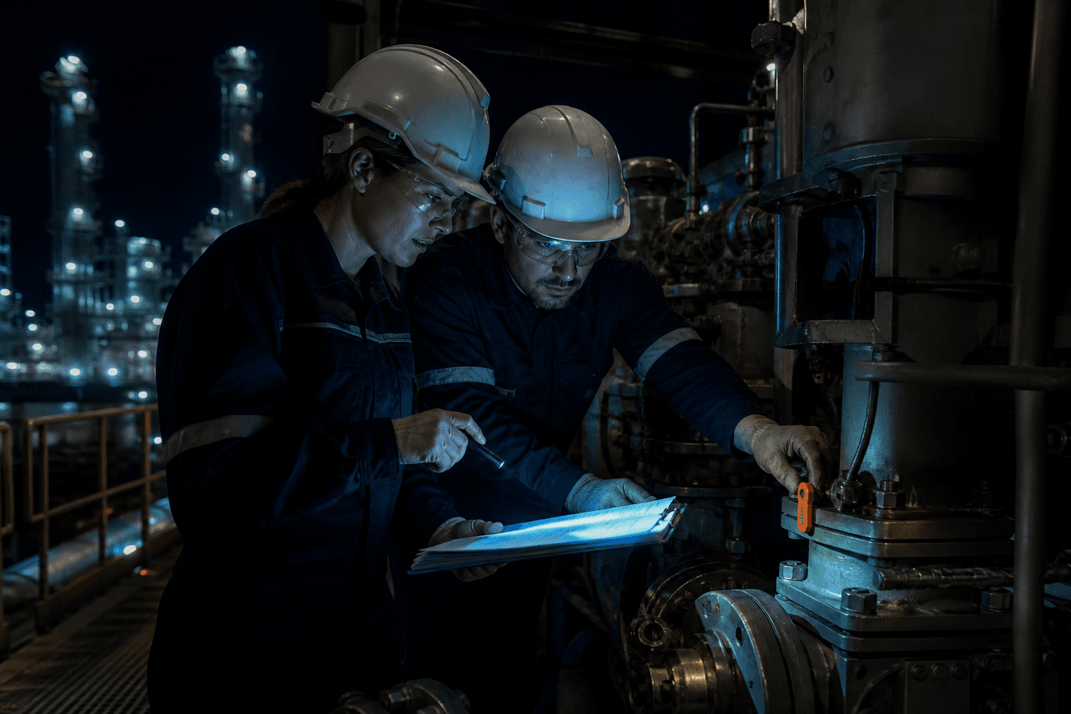 Dois profissionais inspecionam uma instalação industrial, confrontando registros iluminados com um ponto físico de ajuste.