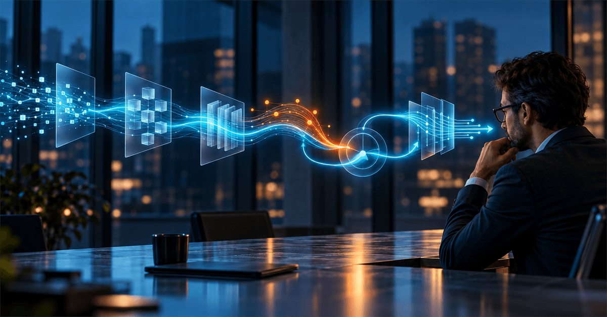 Fluxo digital em azul com uma divergência em laranja sendo observada por um profissional, representando análise humana e evolução contínua de um processo automatizado.